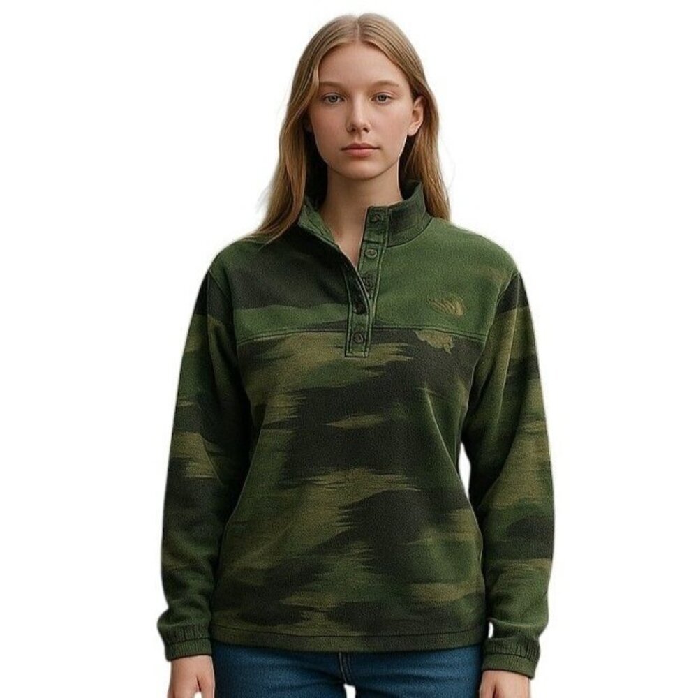 The North Face Womens Outdoor Green Camo Fleece Quarter Snap Pullover Top Small